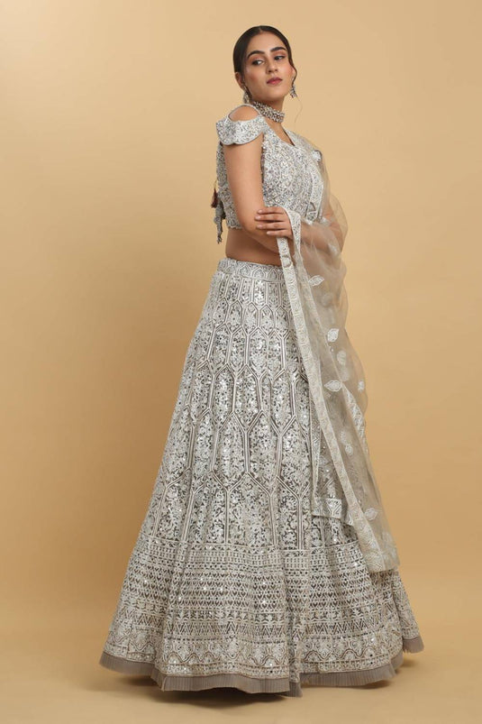 Chandra Kiran Silver Mirror Embroidered Lehenga Set
