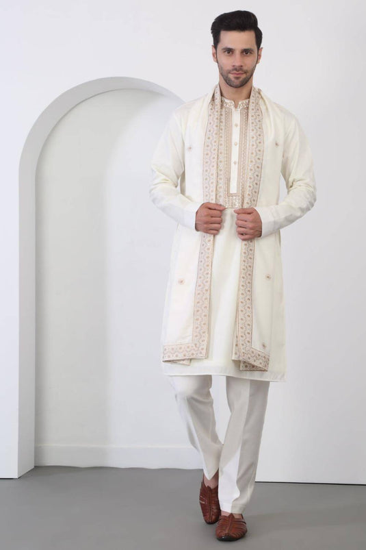 Nawaab Embroidered Kurta Dupatta Pants Set - Cream