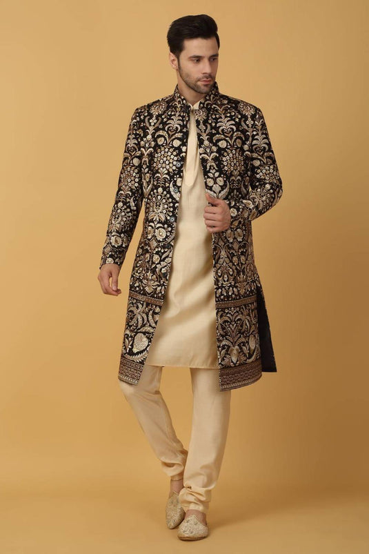 Nizam Embroidered Sherwani Set - Black