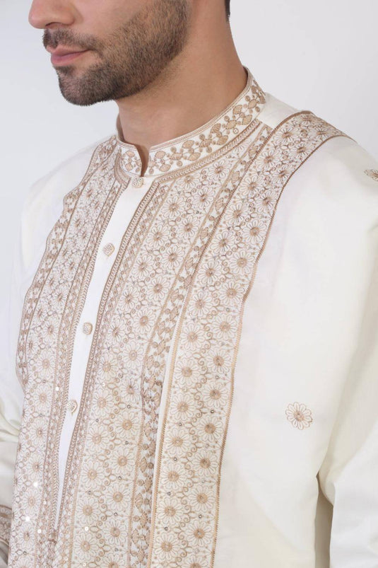 Nawaab Embroidered Kurta Dupatta Pants Set - Cream