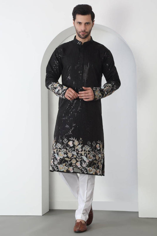 Neelkamal Black Cotton Embroidered Floral Thread Kurta Set