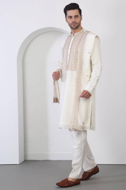 Nawaab Embroidered Kurta Dupatta Pants Set - Cream