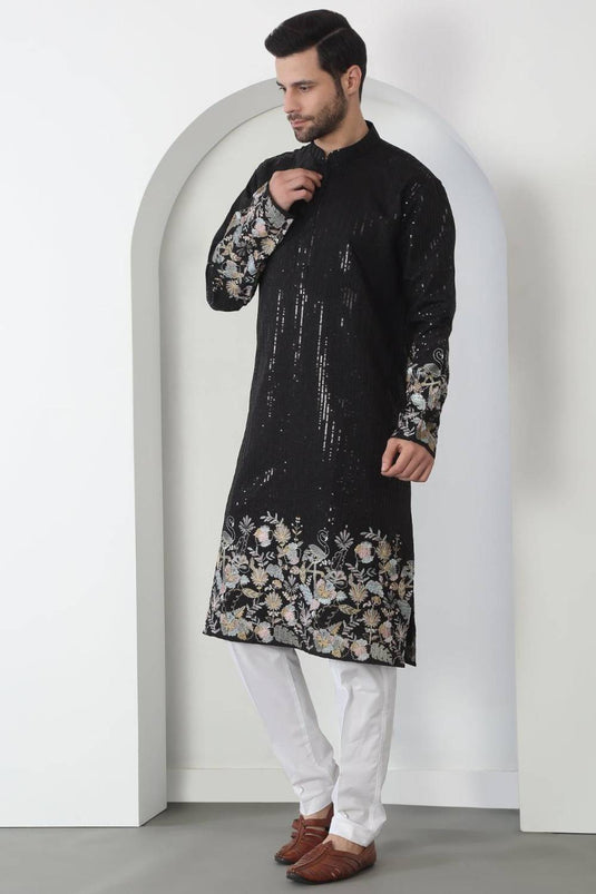 Neelkamal Black Cotton Embroidered Floral Thread Kurta Set