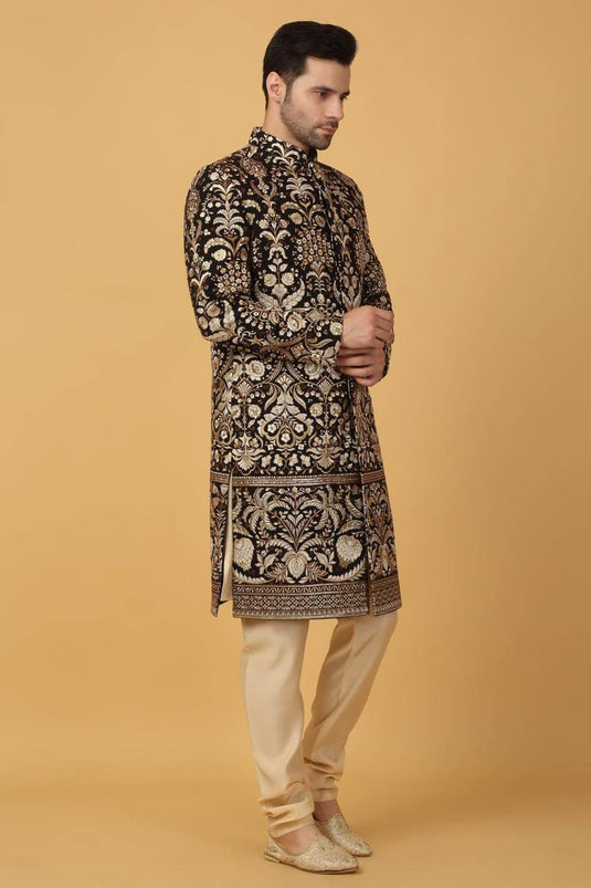 Nizam Embroidered Sherwani Set - Black