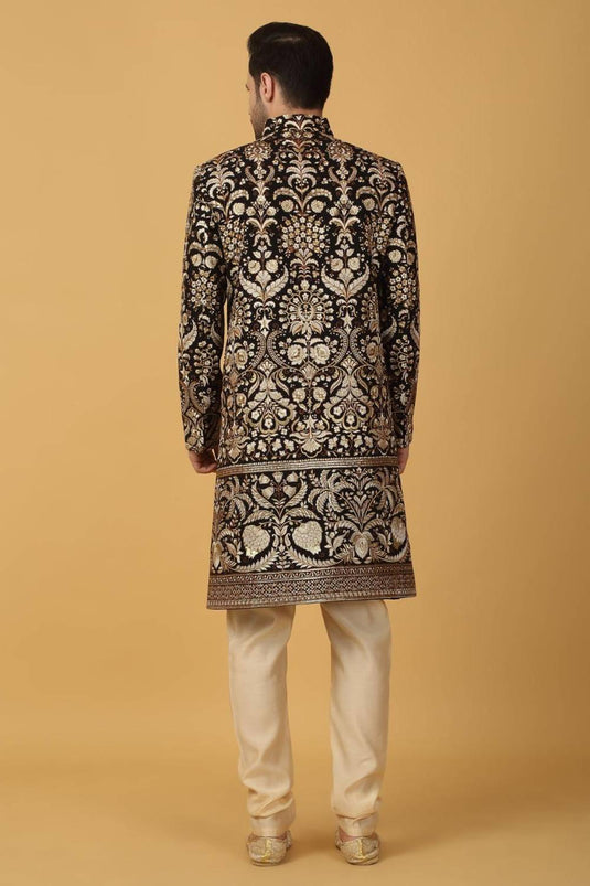 Nizam Embroidered Sherwani Set - Black