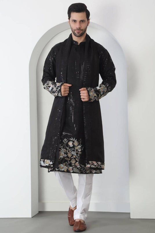 Neelkamal Black Cotton Embroidered Floral Thread Kurta Set