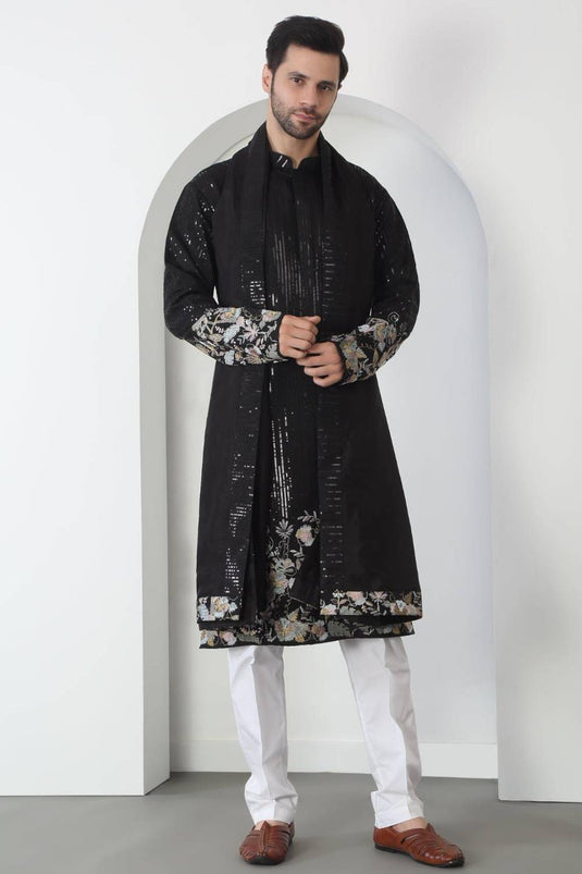Neelkamal Black Cotton Embroidered Floral Thread Kurta Set