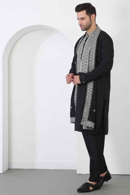 Nawaab Embroidered Kurta Dupatta Pants Set - Black