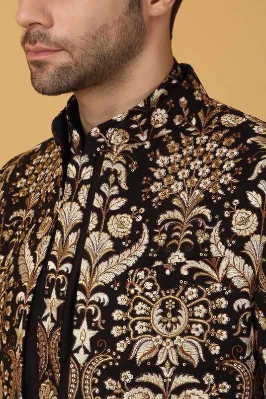 Nizam Embroidered Indo Western Jacket Set - Black