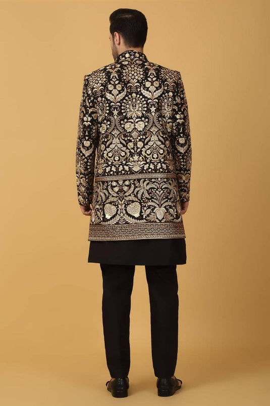 Nizam Embroidered Indo Western Jacket Set - Black