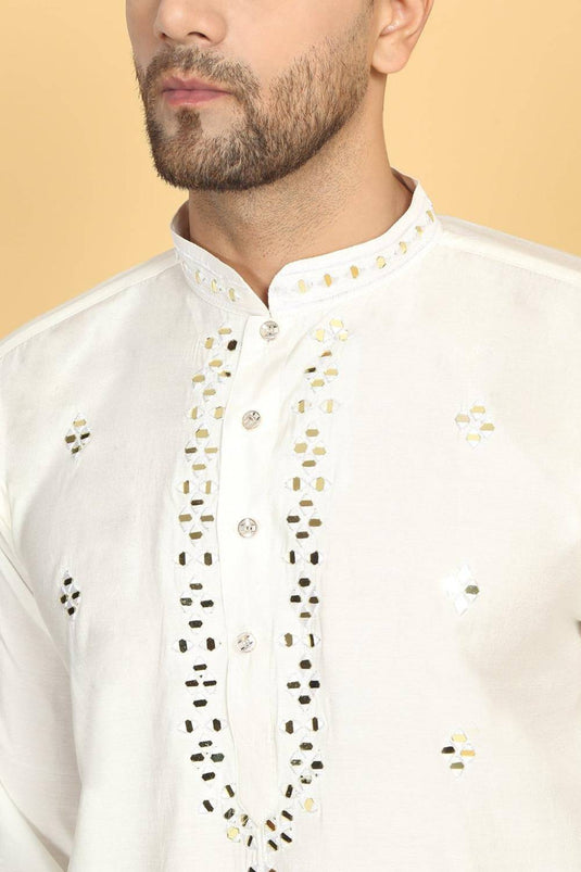 Swarna Mirror Work Kurta And Pant Set - Cream