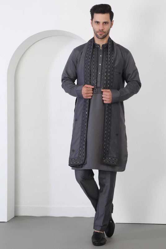 Nawaab Embroidered Kurta Dupatta Pants Set - Grey