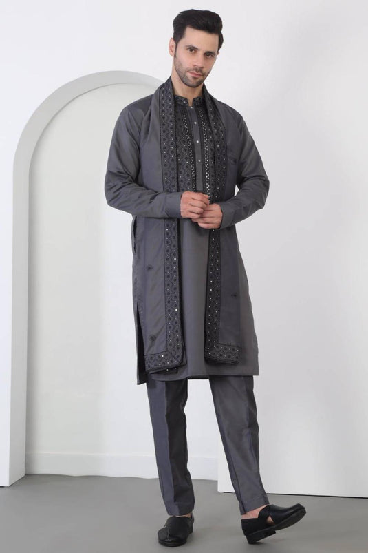 Nawaab Embroidered Kurta Dupatta Pants Set - Grey