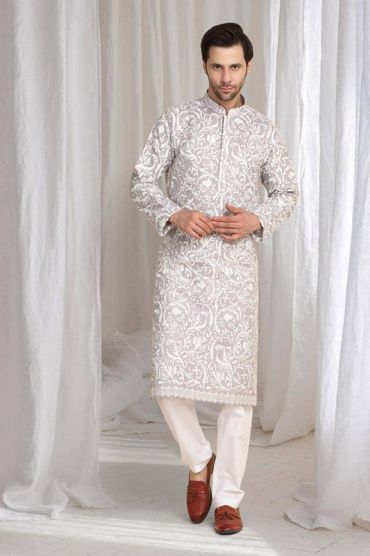 Aham Flora Thread Embroidered Kurta Set - Pastel Purple