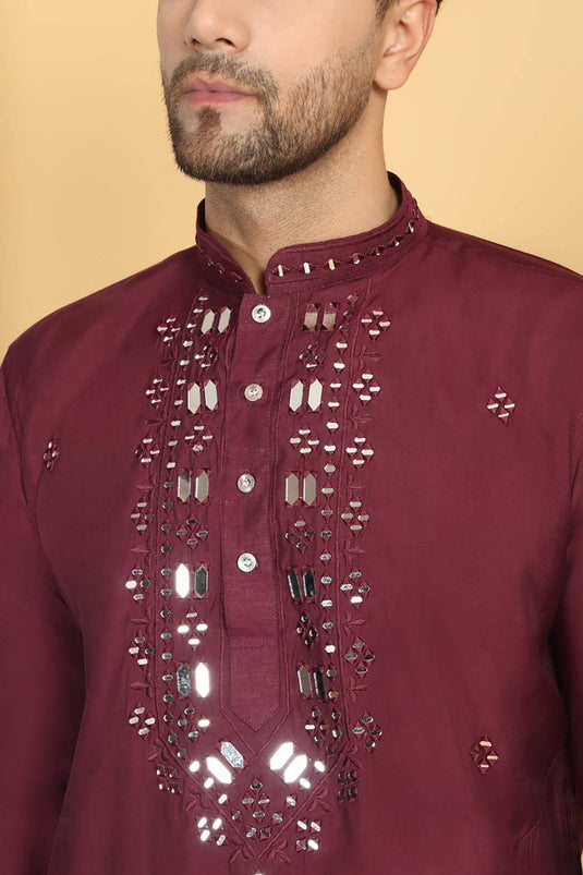 Rajat Mirror Embroidery Work Kurta And Pant Set - Maroon Wine