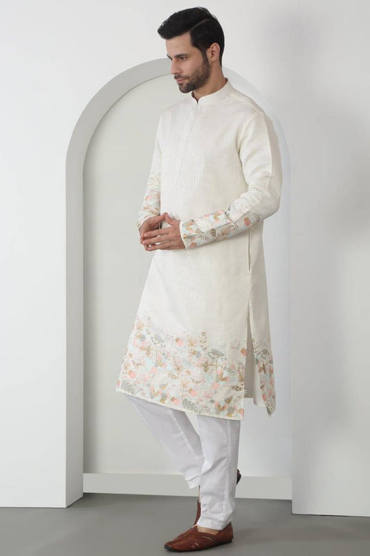 Shwet Off White Cotton Embroidered Sequin Floral Thread Kurta Set