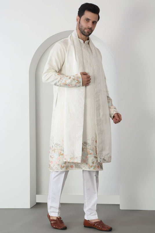 Shwet Off White Cotton Embroidered Sequin Floral Thread Kurta Set