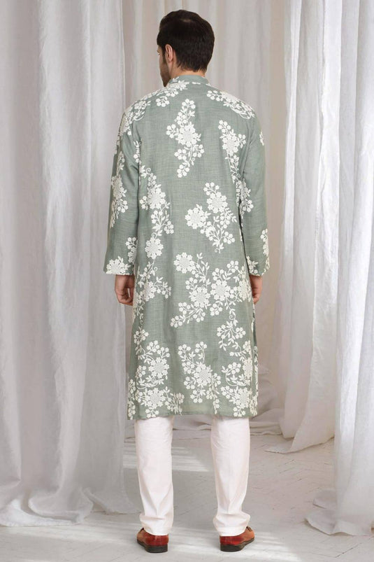 Aham Gulistaan Embroidery Thread Kurta Set - Pastel Olive