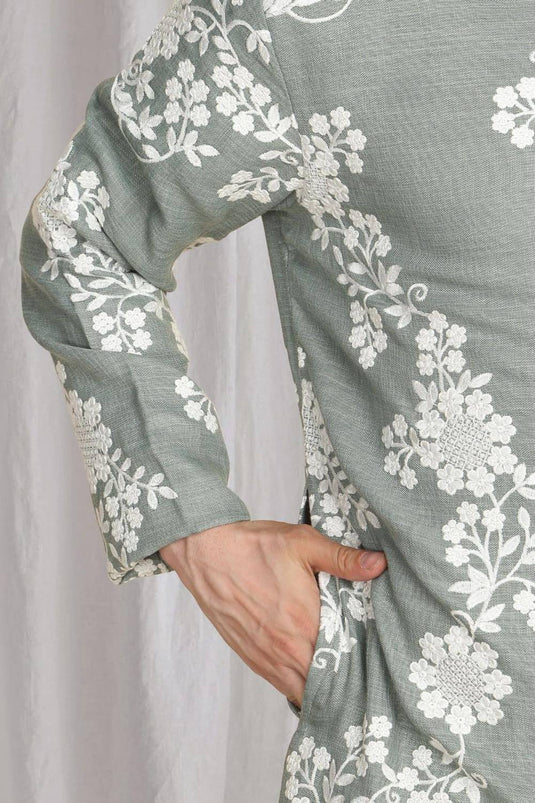 Aham Gulistaan Embroidery Thread Kurta Set - Pastel Olive