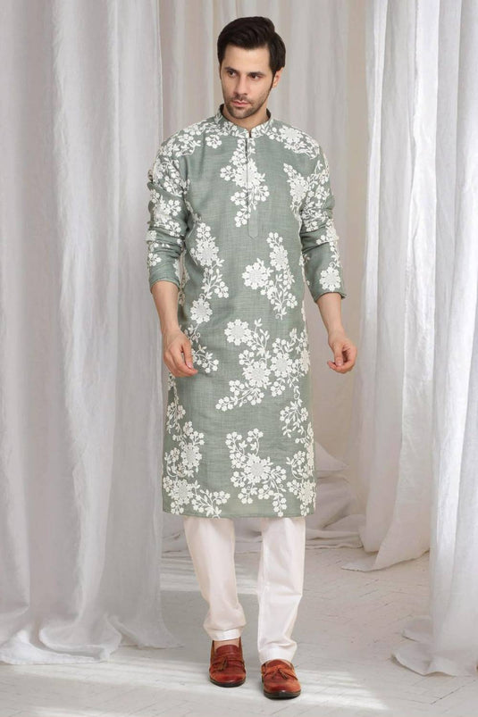 Aham Gulistaan Embroidery Thread Kurta Set - Pastel Olive