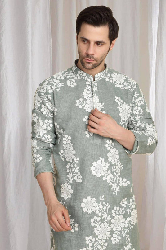 Aham Gulistaan Embroidery Thread Kurta Set - Pastel Olive