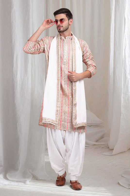 Jalsa Embroidered Linear Floral Kurta Patiala Set - Ivory