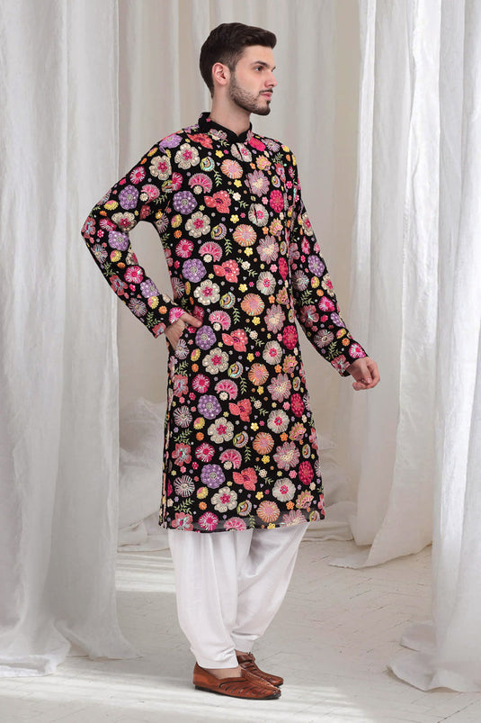 Pushpvilaas Embroidered Flower Kurta Patiala Set- Black