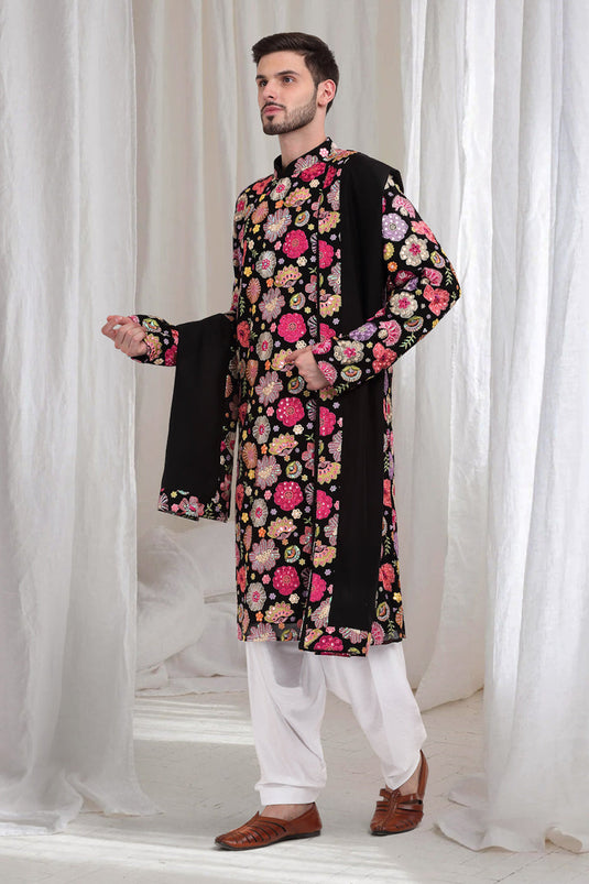 Pushpvilaas Embroidered Flower Kurta Patiala Set- Black
