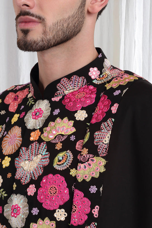Pushpvilaas Embroidered Flower Kurta Patiala Set- Black