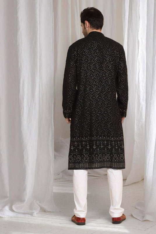 Mehfil Cotton Embroidery Thread Kurta Set - Black