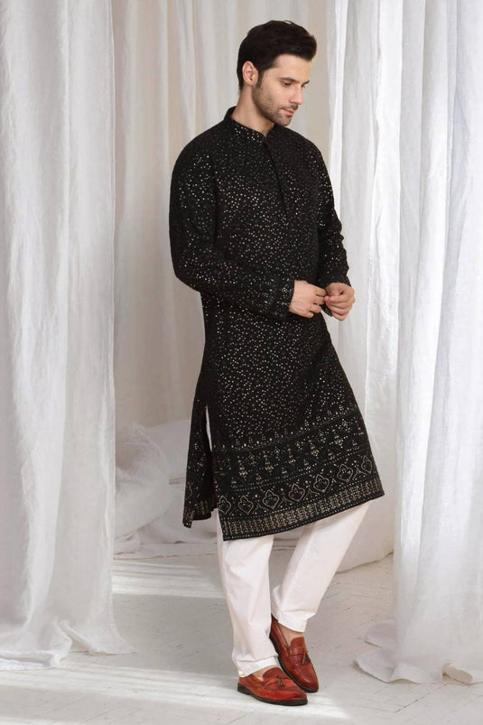 Mehfil Cotton Embroidery Thread Kurta Set - Black