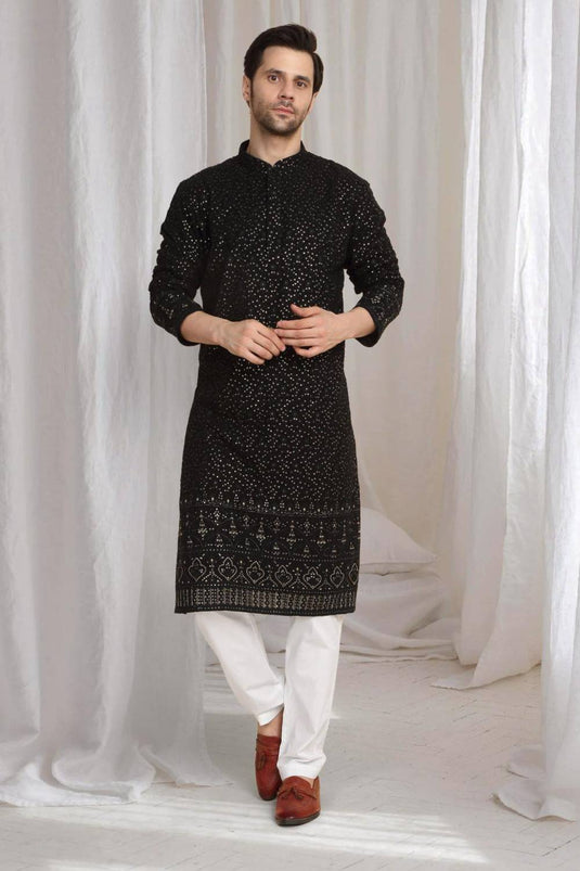 Mehfil Cotton Embroidery Thread Kurta Set - Black