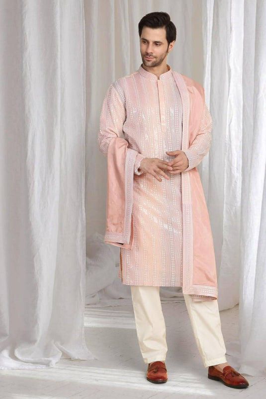 Ambar Ombre Embroidered Kurta Dupatta Set - Pastel Coral