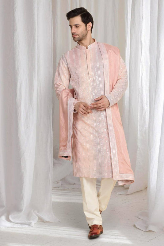 Ambar Ombre Embroidered Kurta Dupatta Set - Pastel Coral