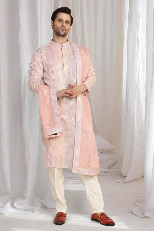 Ambar Ombre Embroidered Kurta Dupatta Set - Pastel Coral
