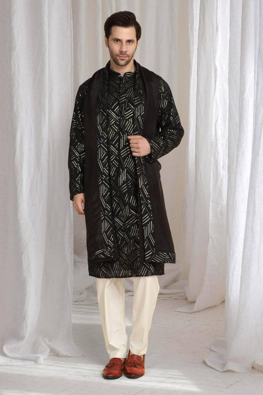 Asuka Black Cotton Embroidery Geometric Thread Kurta set