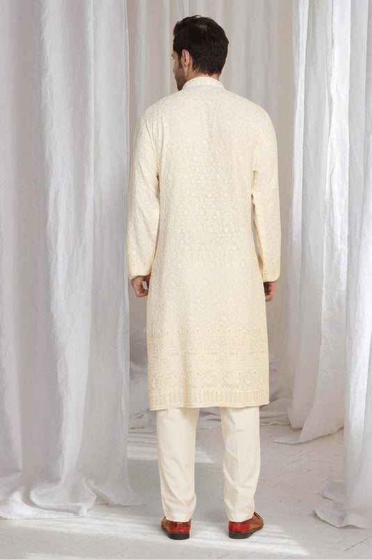 Mehfil Cotton Embroidery Thread Kurta And Dupatta Set - Cream