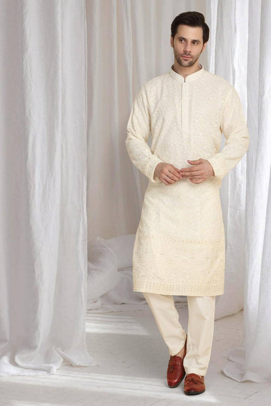 Mehfil Cotton Embroidery Thread Kurta And Dupatta Set - Cream