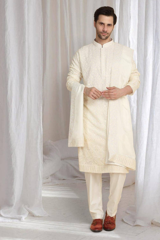 Mehfil Cotton Embroidery Thread Kurta And Dupatta Set - Cream