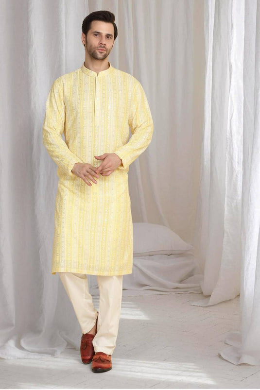 Prafull Yellow Cotton Embroidery Pastel Kurta Set