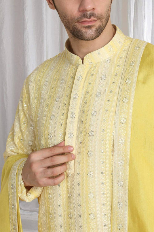 Prafull Yellow Cotton Embroidery Pastel Kurta Set