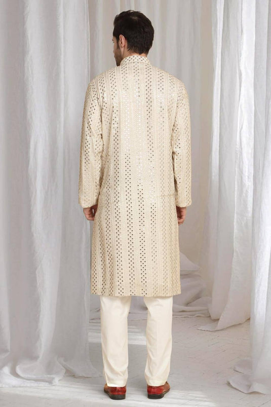 Rajaji Beige Cotton Zari Gold Thread Embroidered Kurta Set