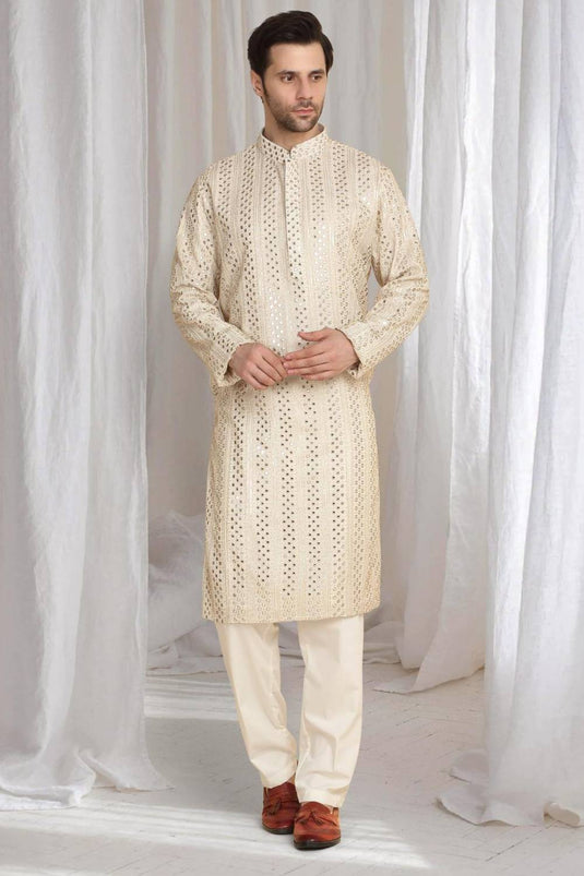 Rajaji Beige Cotton Zari Gold Thread Embroidered Kurta Set