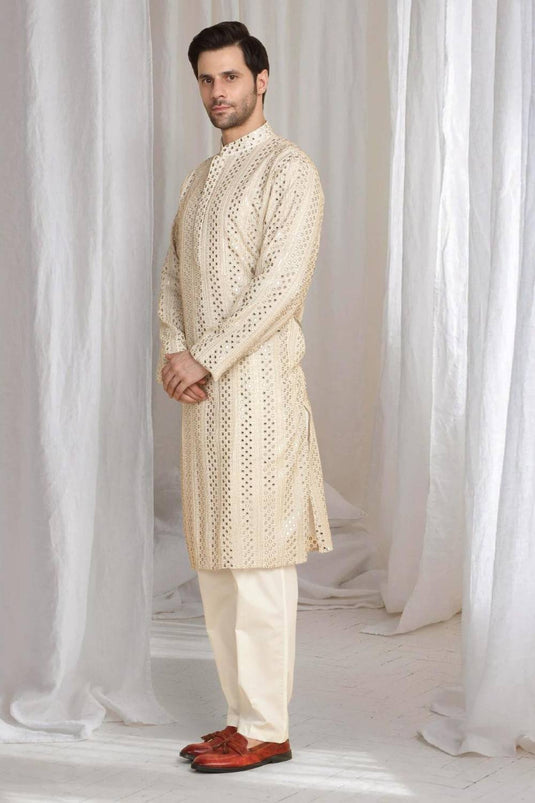 Rajaji Beige Cotton Zari Gold Thread Embroidered Kurta Set