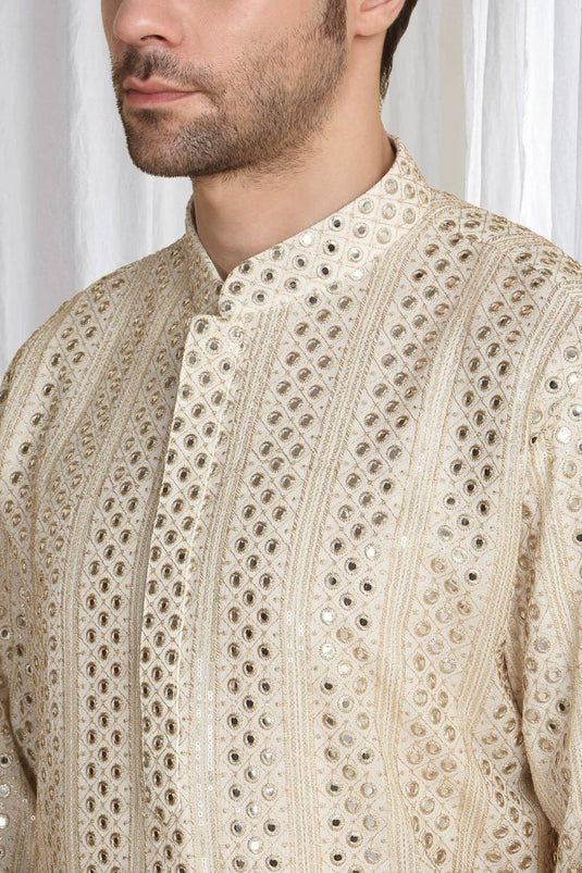 Rajaji Beige Cotton Zari Gold Thread Embroidered Kurta Set