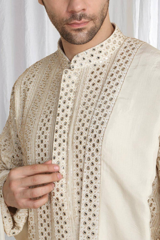 Rajaji Beige Cotton Zari Gold Thread Embroidered Kurta Set