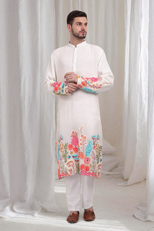 Buta Phool Embroidered Abstract Floral Kurta Pant Set - White
