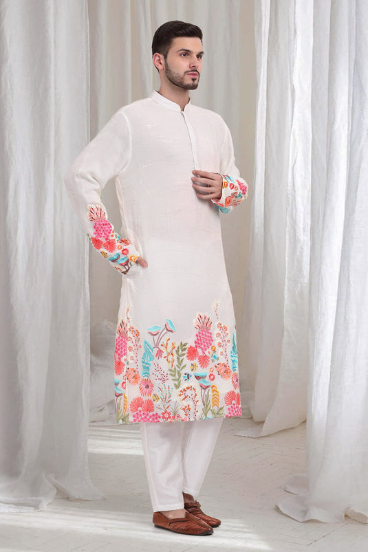 Buta Phool Embroidered Abstract Floral Kurta Pant Set - White