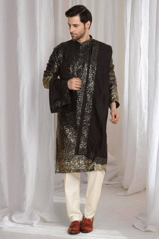 Sequins Ombre Embroidered Kurta Dupatta Set - Black
