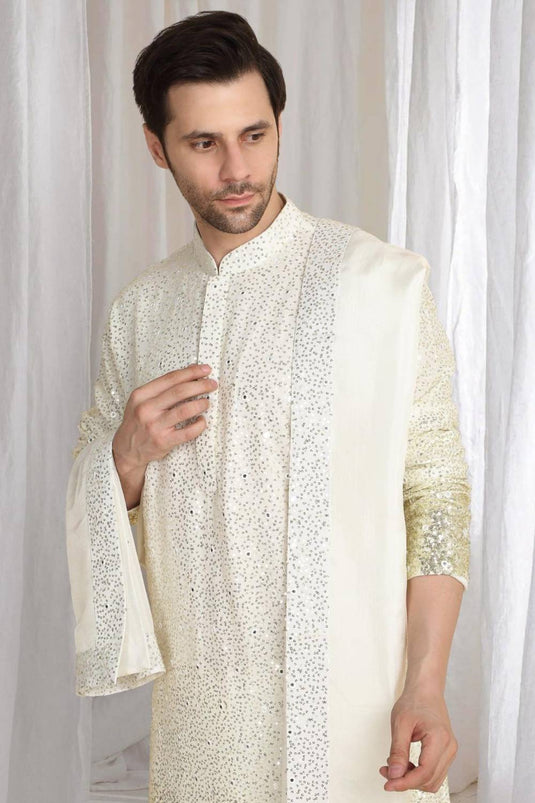 Sequins Ombre Embroidered Kurta Dupatta Set - Cream